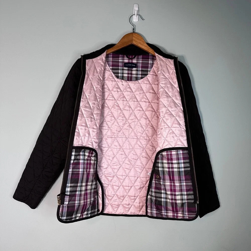 Lands End Black Quilted Barn Jacket Gold Hardware Pink Lining Women's Size Small